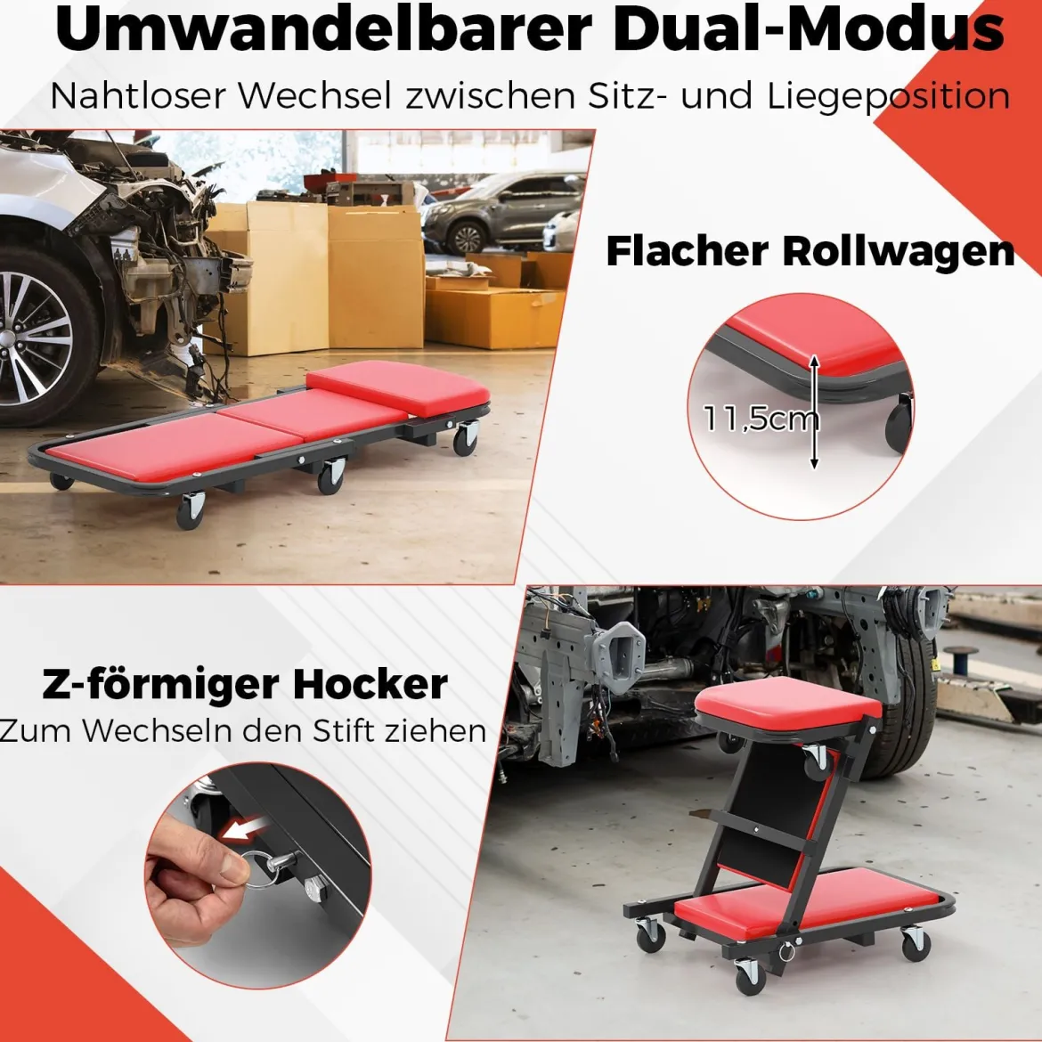 2 in 1 Rollbrett Werkstatt Montagerollbrett mit 6 Rollen & Gepolstertem Sitz bis 160 kg Belastbar Rot