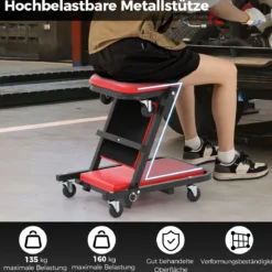 2 in 1 Rollbrett Werkstatt Montagerollbrett mit 6 Rollen & Gepolstertem Sitz bis 160 kg Belastbar Rot