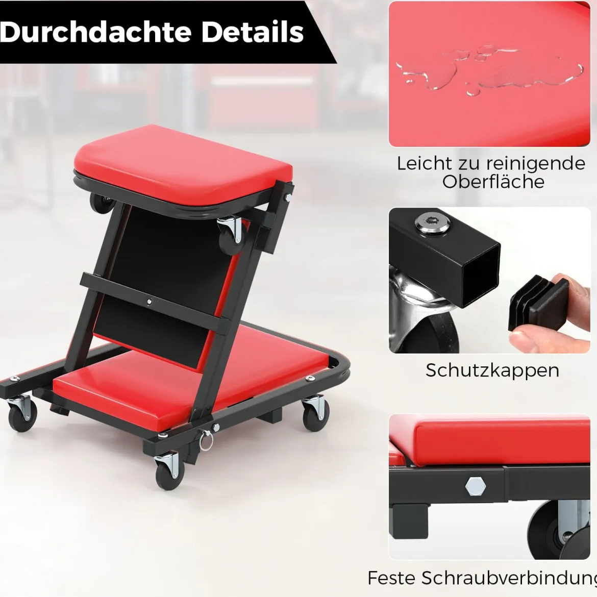 2 in 1 Rollbrett Werkstatt Montagerollbrett mit 6 Rollen & Gepolstertem Sitz bis 160 kg Belastbar Rot