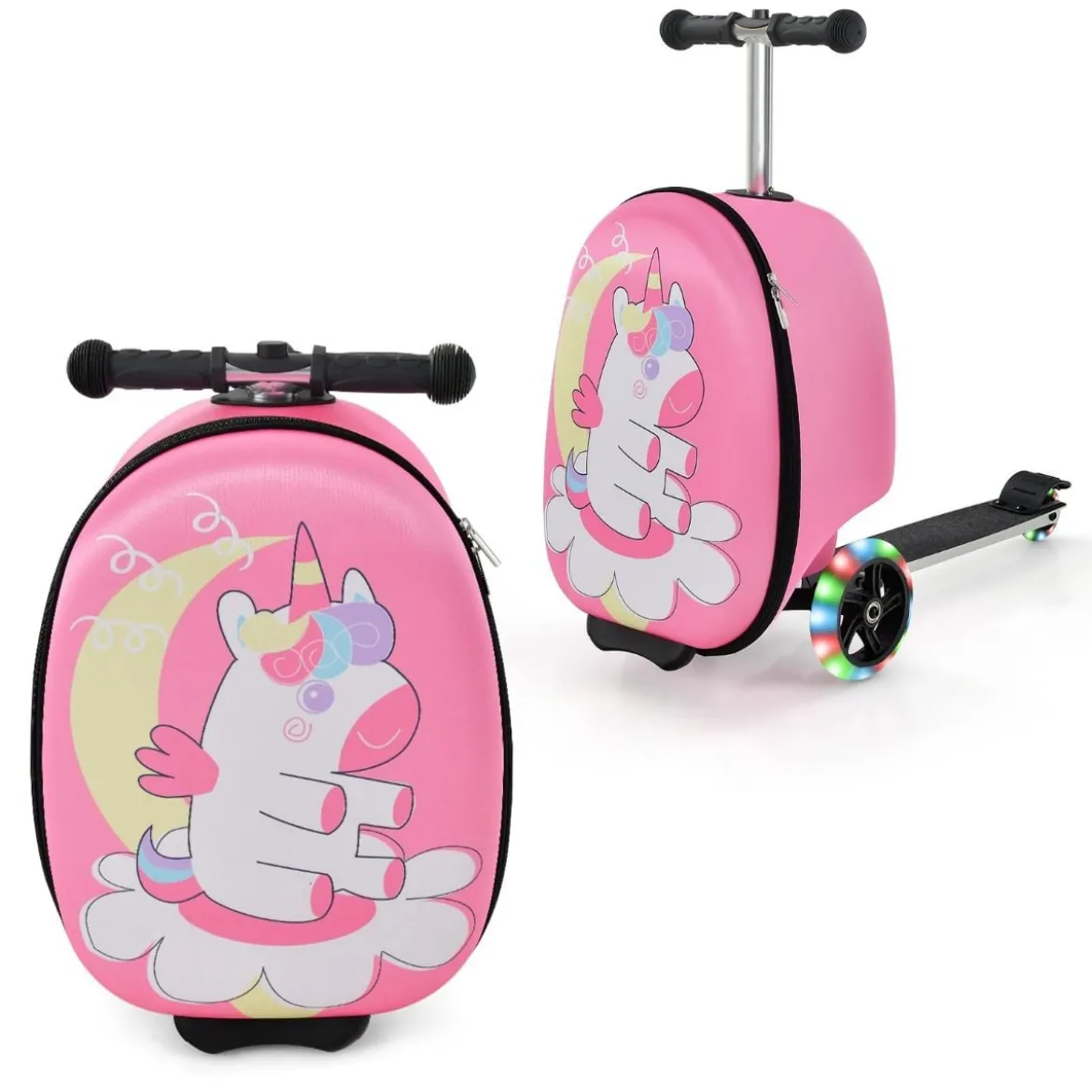 2-in-1-Rollkoffer & Scooter mit 3 Farbig Beleuchteten Rädern für Reisen Einhorn