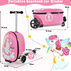 2-in-1-Rollkoffer & Scooter mit 3 Farbig Beleuchteten Rädern für Reisen Einhorn
