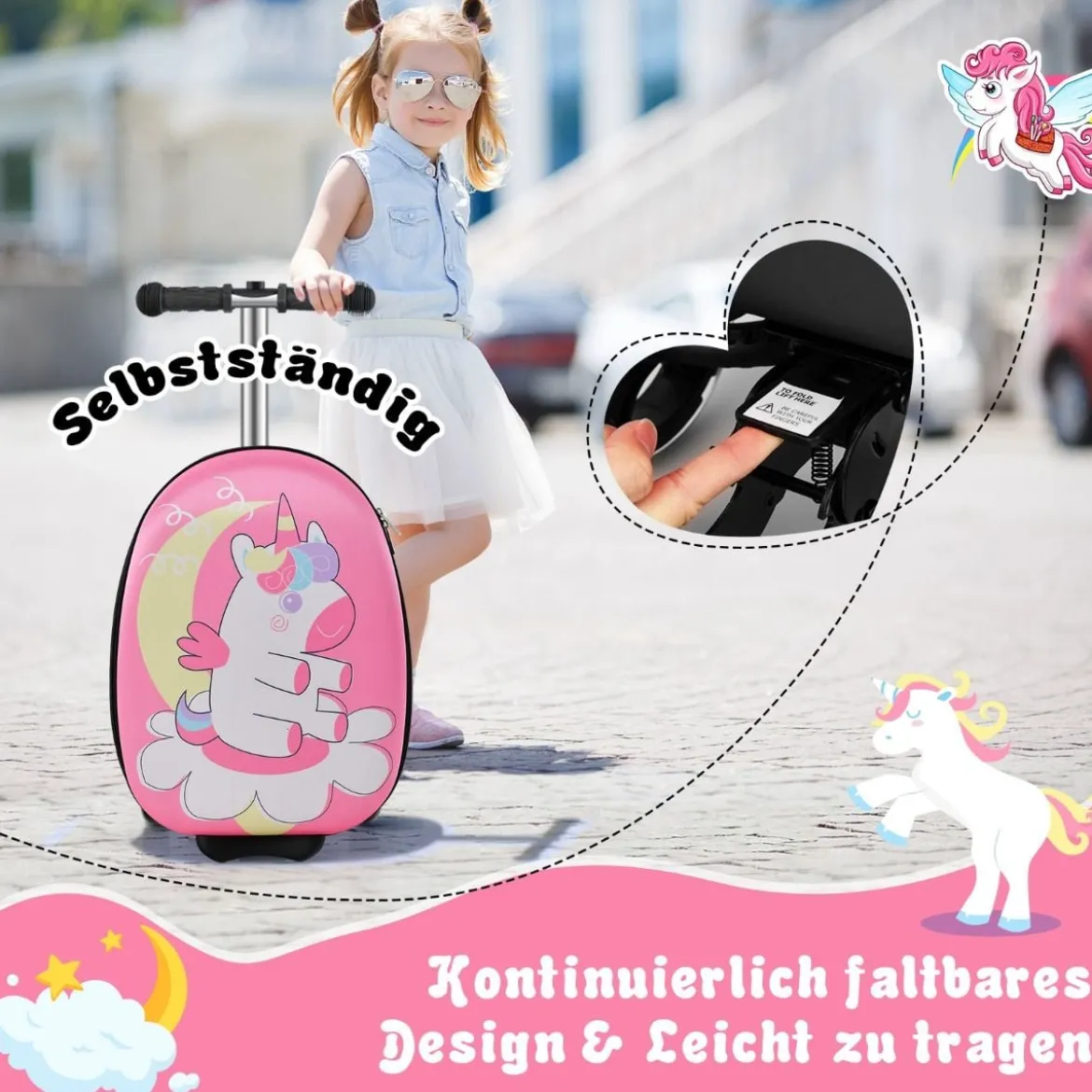 2-in-1-Rollkoffer & Scooter mit 3 Farbig Beleuchteten Rädern für Reisen Einhorn