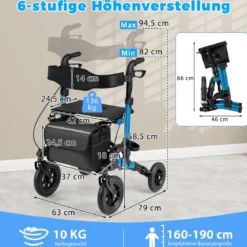 2 in 1 Rollstuhl & Reiserollator mit Sitz bis 136 kg Faltbarer Rollator Aluminium Gehhilfe Blau