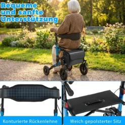 2 in 1 Rollstuhl & Reiserollator mit Sitz bis 136 kg Faltbarer Rollator Aluminium Gehhilfe Blau