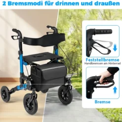 2 in 1 Rollstuhl & Reiserollator mit Sitz bis 136 kg Faltbarer Rollator Aluminium Gehhilfe Blau