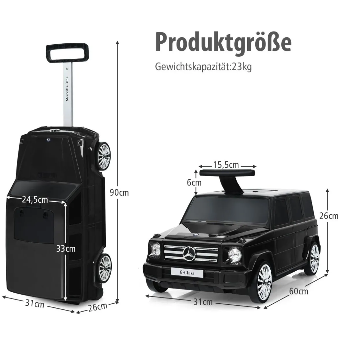 2 in 1 Rutschauto kinderkoffer Kinder Reisekoffer Kofferset 60 x 31 x 26 cm Schwarz