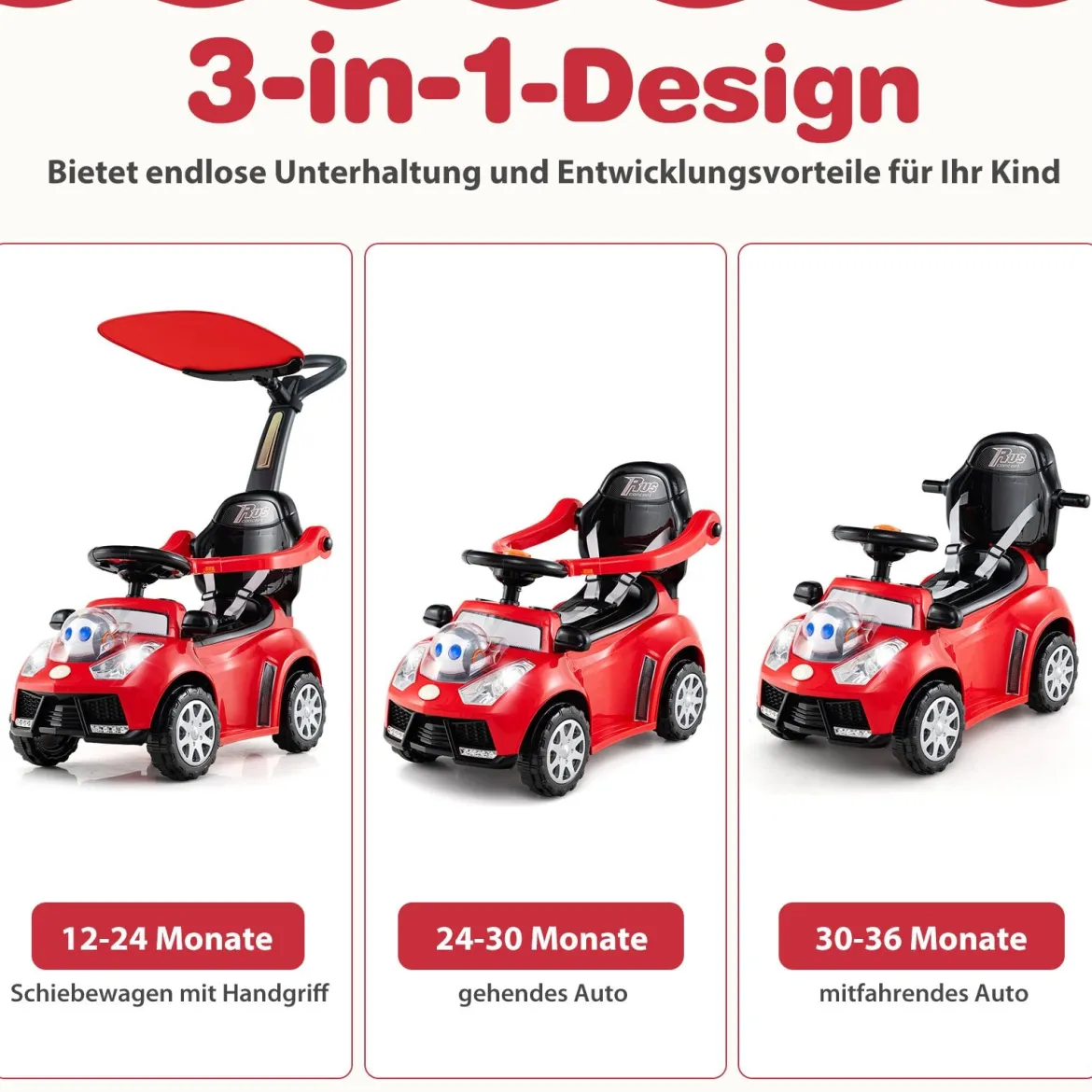 3-in-1 Rutschauto mit Schiebestange Rutschfahrzeug Schiebauto mit Stauraum Rutscher Auto Rot