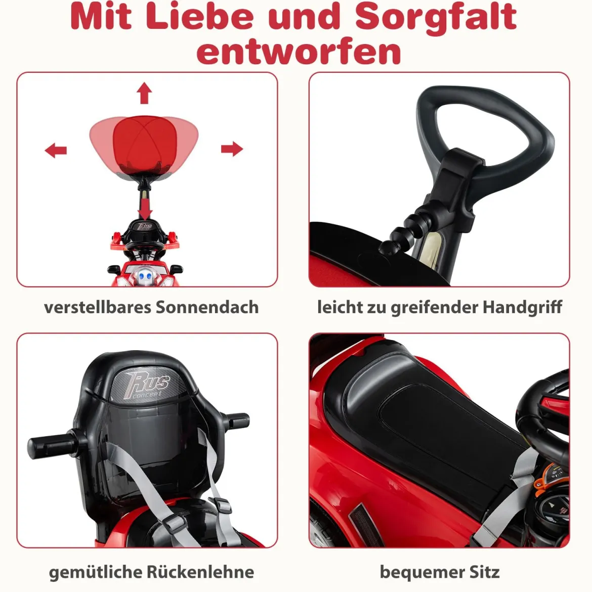 3-in-1 Rutschauto mit Schiebestange Rutschfahrzeug Schiebauto mit Stauraum Rutscher Auto Rot
