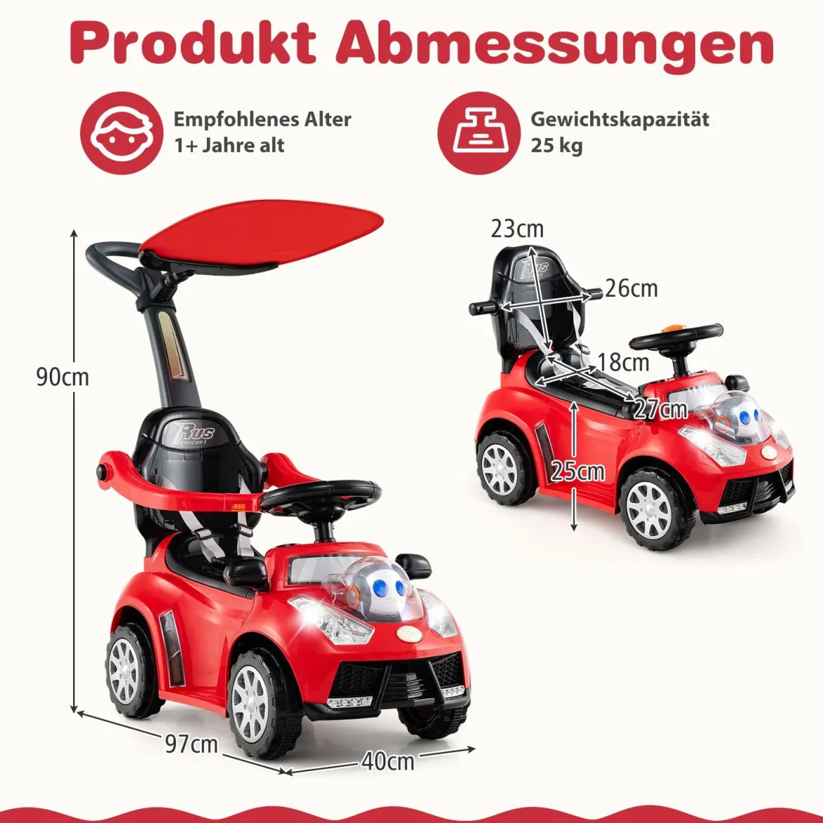 3-in-1 Rutschauto mit Schiebestange Rutschfahrzeug Schiebauto mit Stauraum Rutscher Auto Rot
