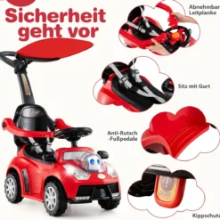 3-in-1 Rutschauto mit Schiebestange Rutschfahrzeug Schiebauto mit Stauraum Rutscher Auto Rot