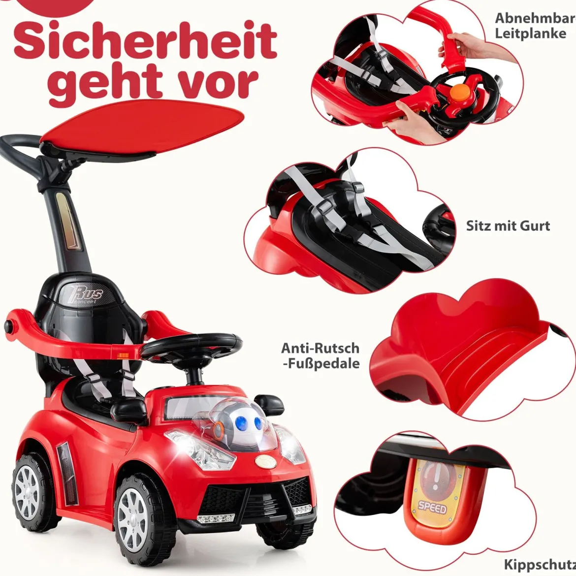3-in-1 Rutschauto mit Schiebestange Rutschfahrzeug Schiebauto mit Stauraum Rutscher Auto Rot