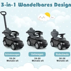 3-in-1 Rutschauto mit Schiebestange Rutschfahrzeug mit Abnehmbarem Griff Rutscher Auto Schwarz