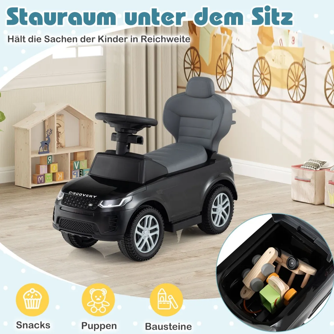 3-in-1 Rutschauto mit Schiebestange Rutschfahrzeug mit Abnehmbarem Griff Rutscher Auto Schwarz
