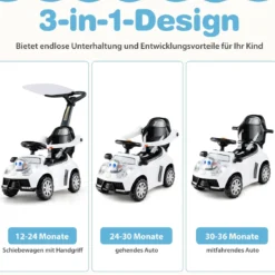 3-in-1 Rutschauto mit Schiebestange Rutschfahrzeug Schiebauto mit Stauraum Rutscher Auto Weiß