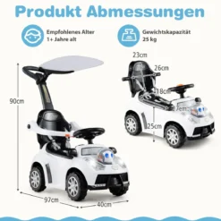 3-in-1 Rutschauto mit Schiebestange Rutschfahrzeug Schiebauto mit Stauraum Rutscher Auto Weiß