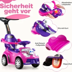 3-in-1 Rutschauto mit Schiebestange Rutschfahrzeug Schiebauto mit Stauraum Rutscher Auto Rosa