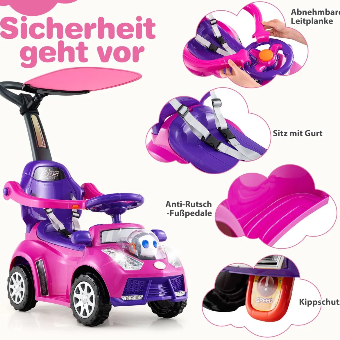 3-in-1 Rutschauto mit Schiebestange Rutschfahrzeug Schiebauto mit Stauraum Rutscher Auto Rosa