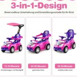 3-in-1 Rutschauto mit Schiebestange Rutschfahrzeug Schiebauto mit Stauraum Rutscher Auto Rosa