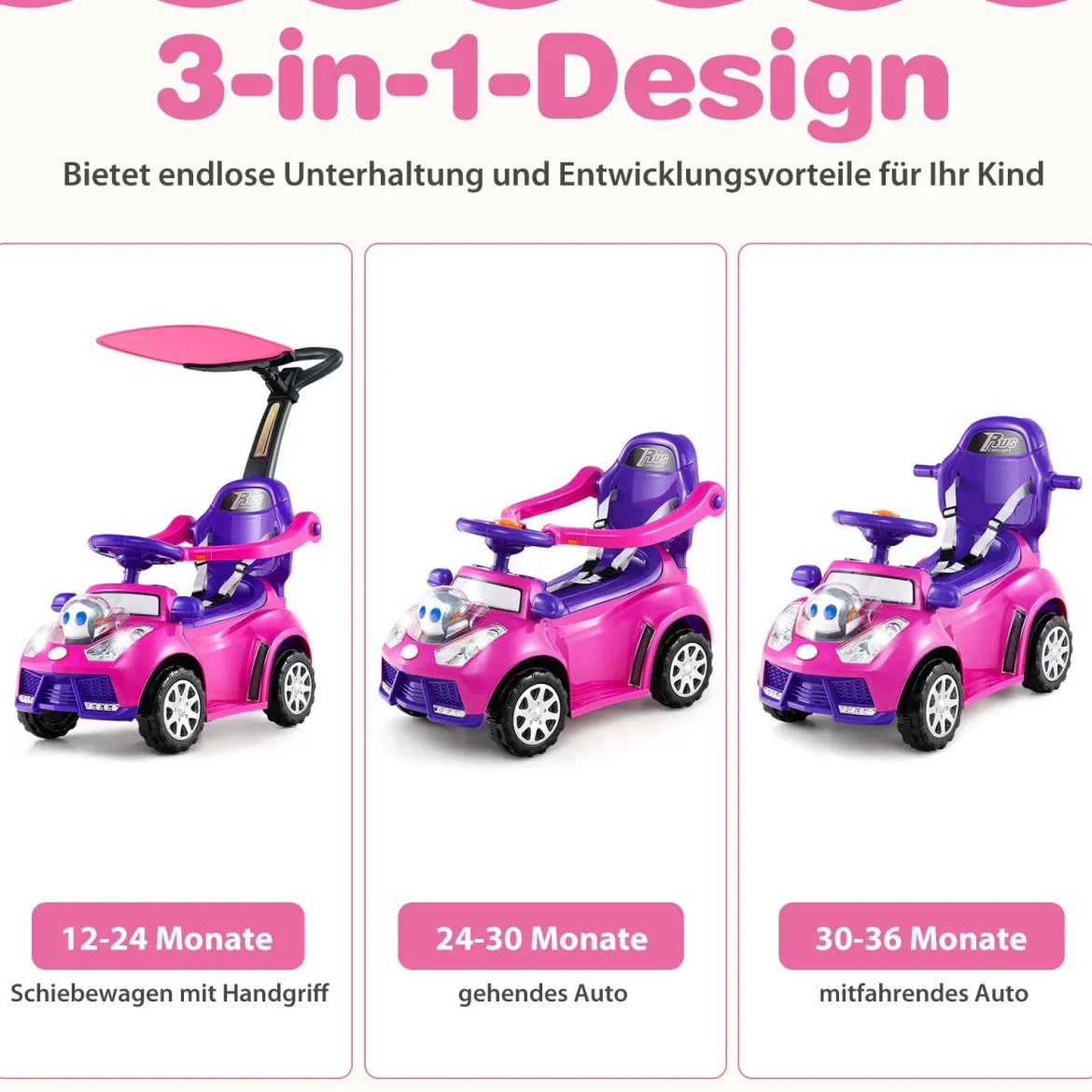 3-in-1 Rutschauto mit Schiebestange Rutschfahrzeug Schiebauto mit Stauraum Rutscher Auto Rosa