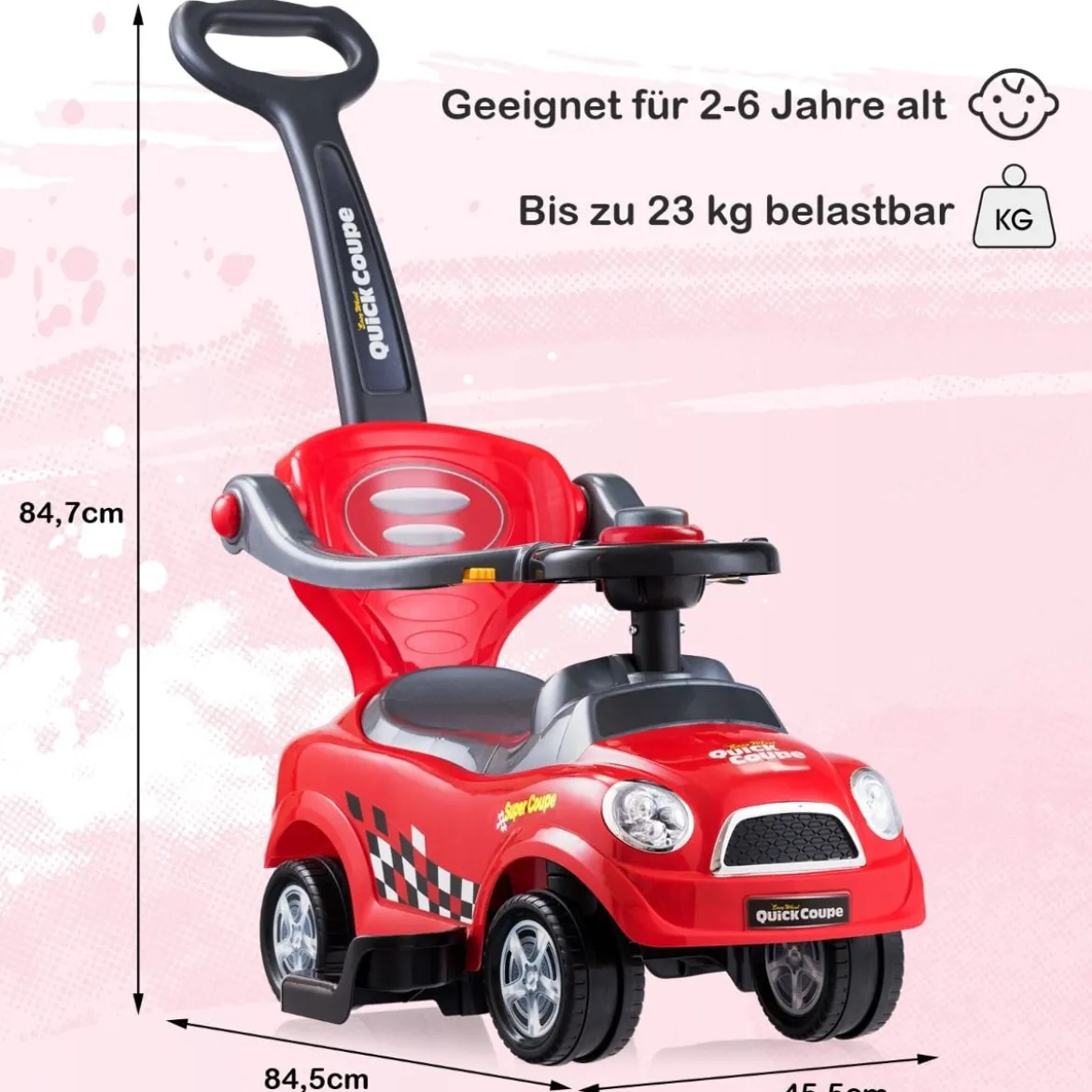 3 in 1 Rutschauto Schiebeauto mit Abnehmbarem Schiebgriff & Schutzbügel Rot