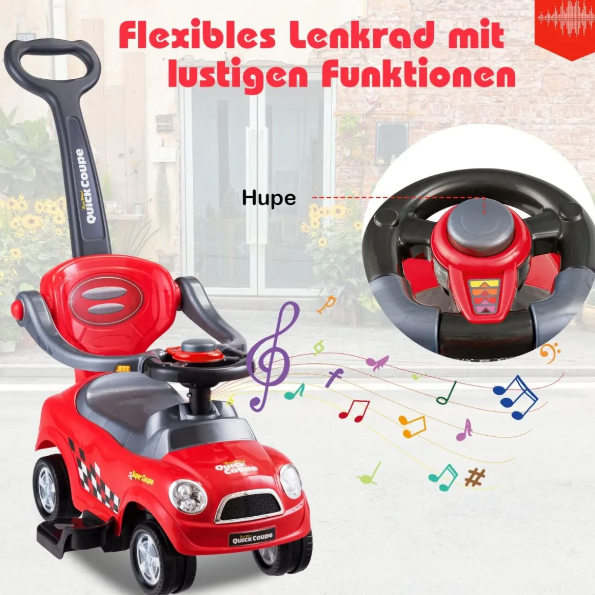 3 in 1 Rutschauto Schiebeauto mit Abnehmbarem Schiebgriff & Schutzbügel Rot