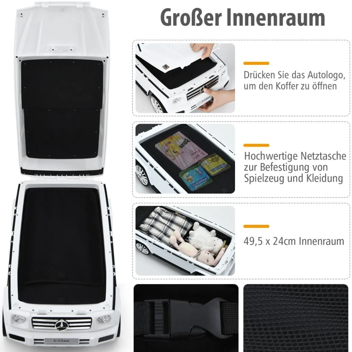 2 in 1 Rutschauto und Kinderkoffer mit klappbarem Griff 60 x 31 x 26 cm Weiß