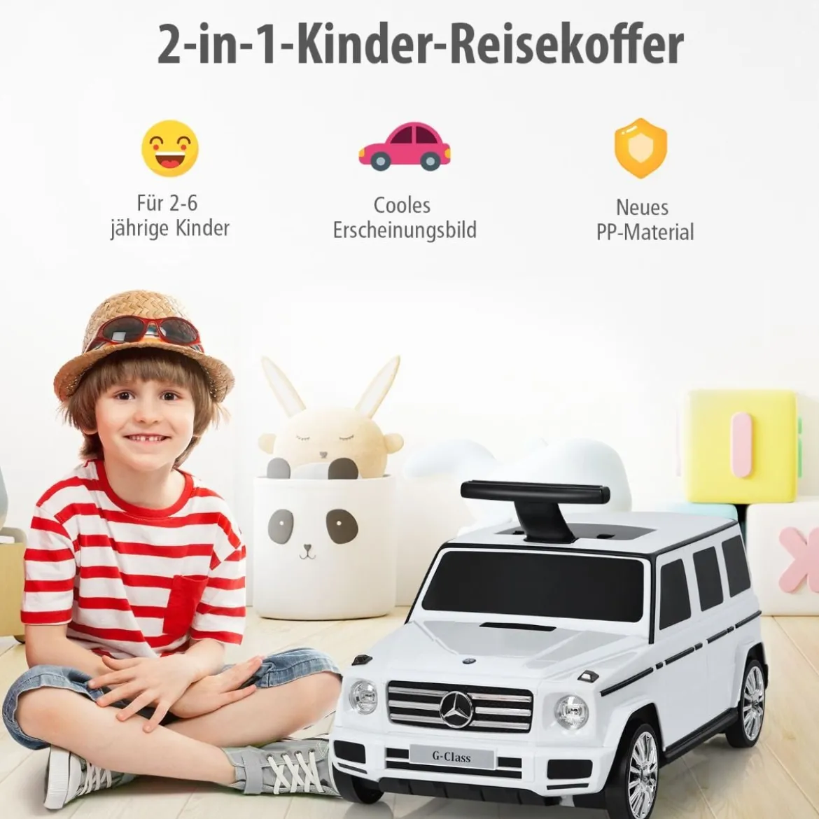 2 in 1 Rutschauto und Kinderkoffer mit klappbarem Griff 60 x 31 x 26 cm Weiß