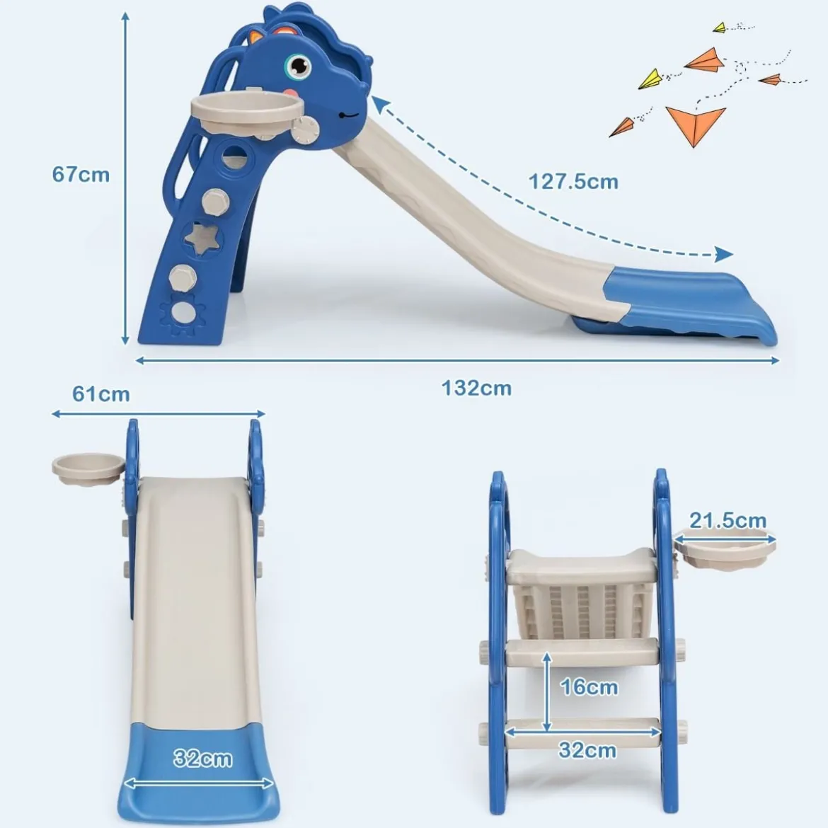 3 in 1 Rutsche für Kinder Set mit extra langer Rutsche 132 x 61 x 67 cm Blau