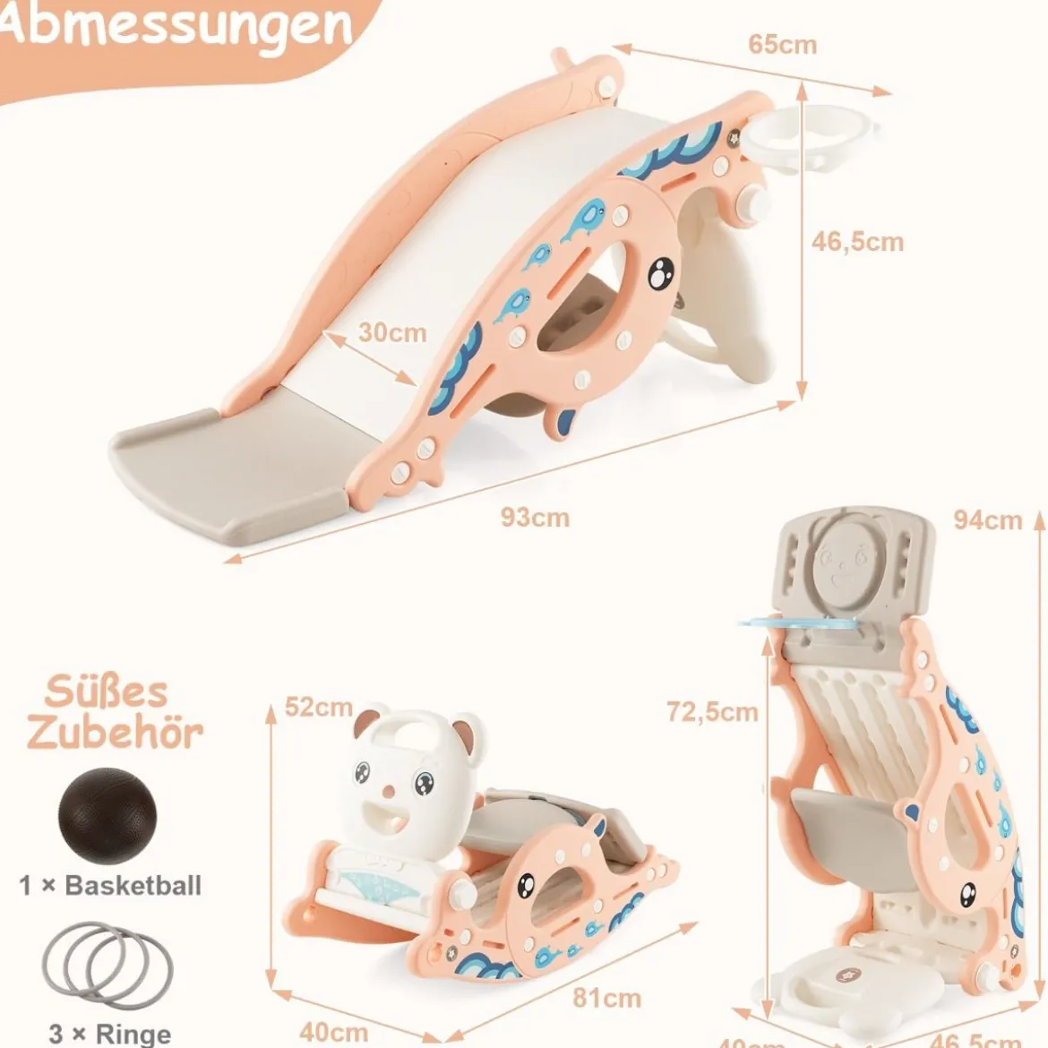 4-in-1-Rutschspielzeug für Kinder mit Basketballkorb & Ringspiel Rosa