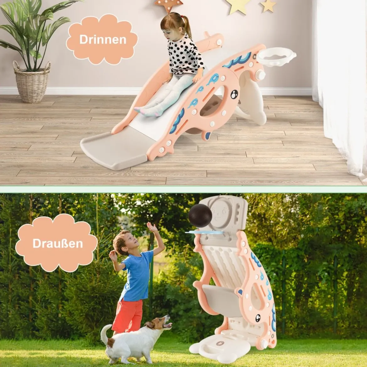 4-in-1-Rutschspielzeug für Kinder mit Basketballkorb & Ringspiel Rosa