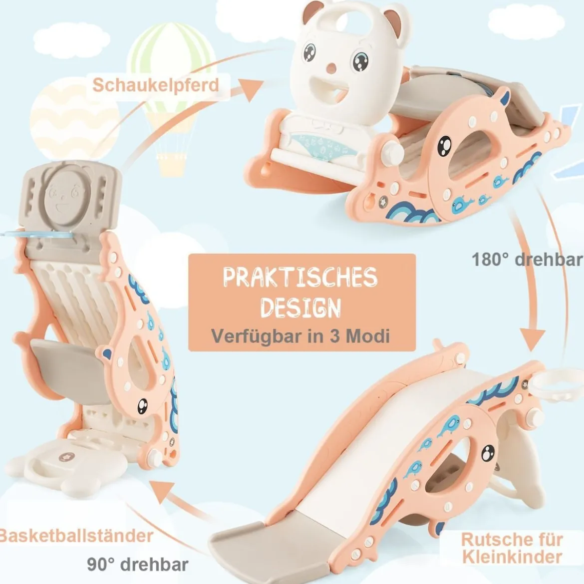 4-in-1-Rutschspielzeug für Kinder mit Basketballkorb & Ringspiel Rosa
