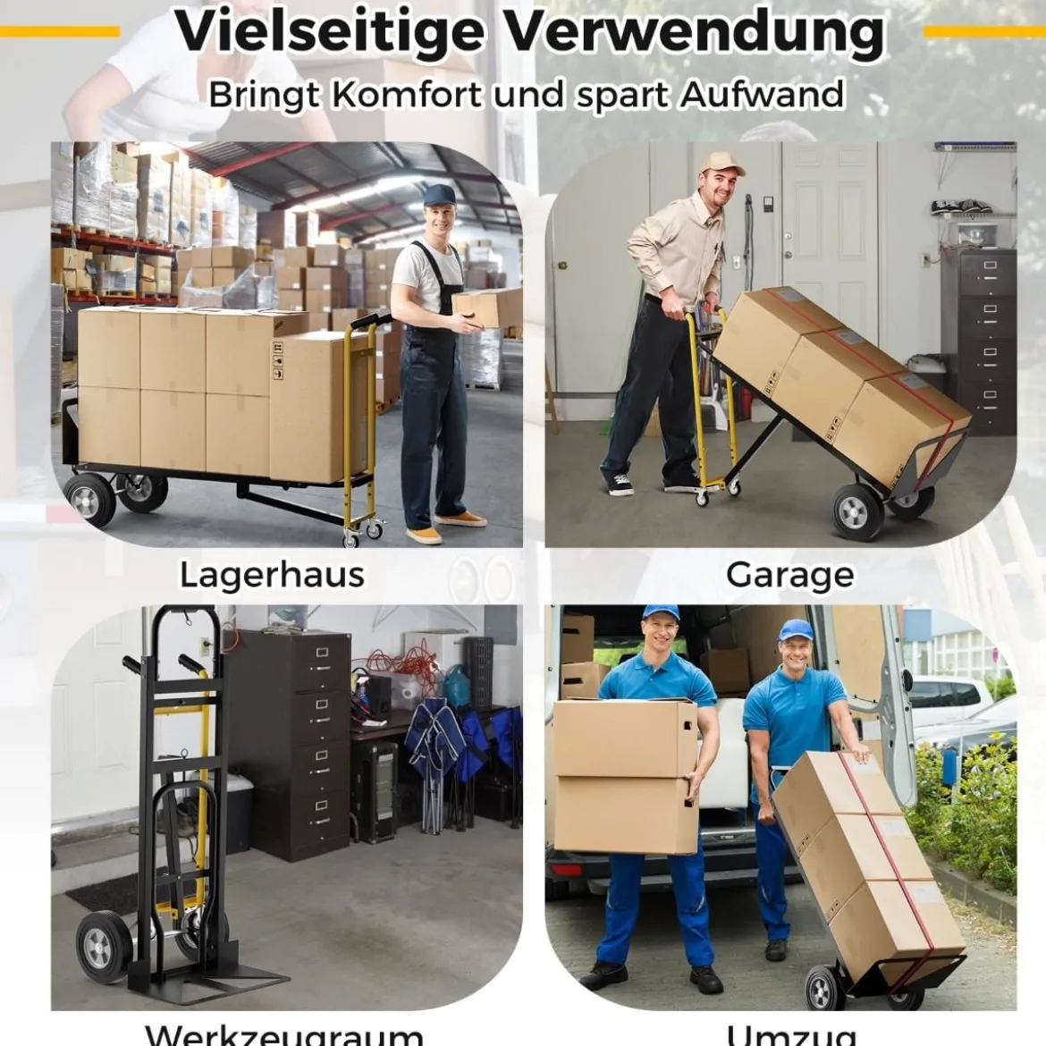 3 in 1 Sackkarre mit 4 Gummireifen & Bindeseil Handwagen Transportkarre bis zu 360KG / 450KG Belastbar