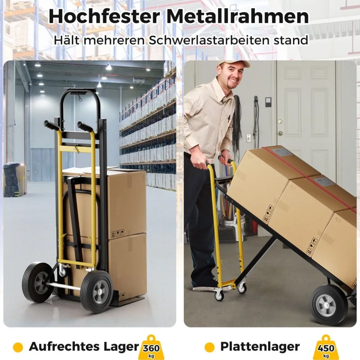 3 in 1 Sackkarre mit 4 Gummireifen & Bindeseil Handwagen Transportkarre bis zu 360KG / 450KG Belastbar
