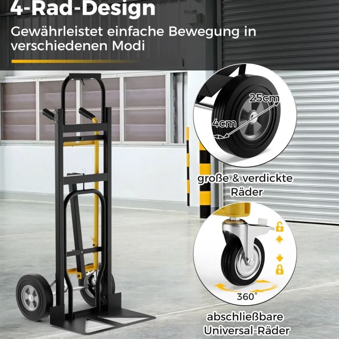 3 in 1 Sackkarre mit 4 Gummireifen & Bindeseil Handwagen Transportkarre bis zu 360KG / 450KG Belastbar