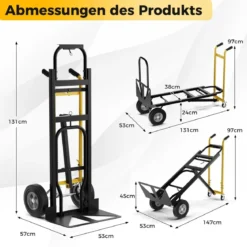 3 in 1 Sackkarre mit 4 Gummireifen & Bindeseil Handwagen Transportkarre bis zu 360KG / 450KG Belastbar