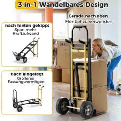3 in 1 Sackkarre mit 4 Gummireifen & Bindeseil Handwagen Transportkarre bis zu 360KG / 450KG Belastbar