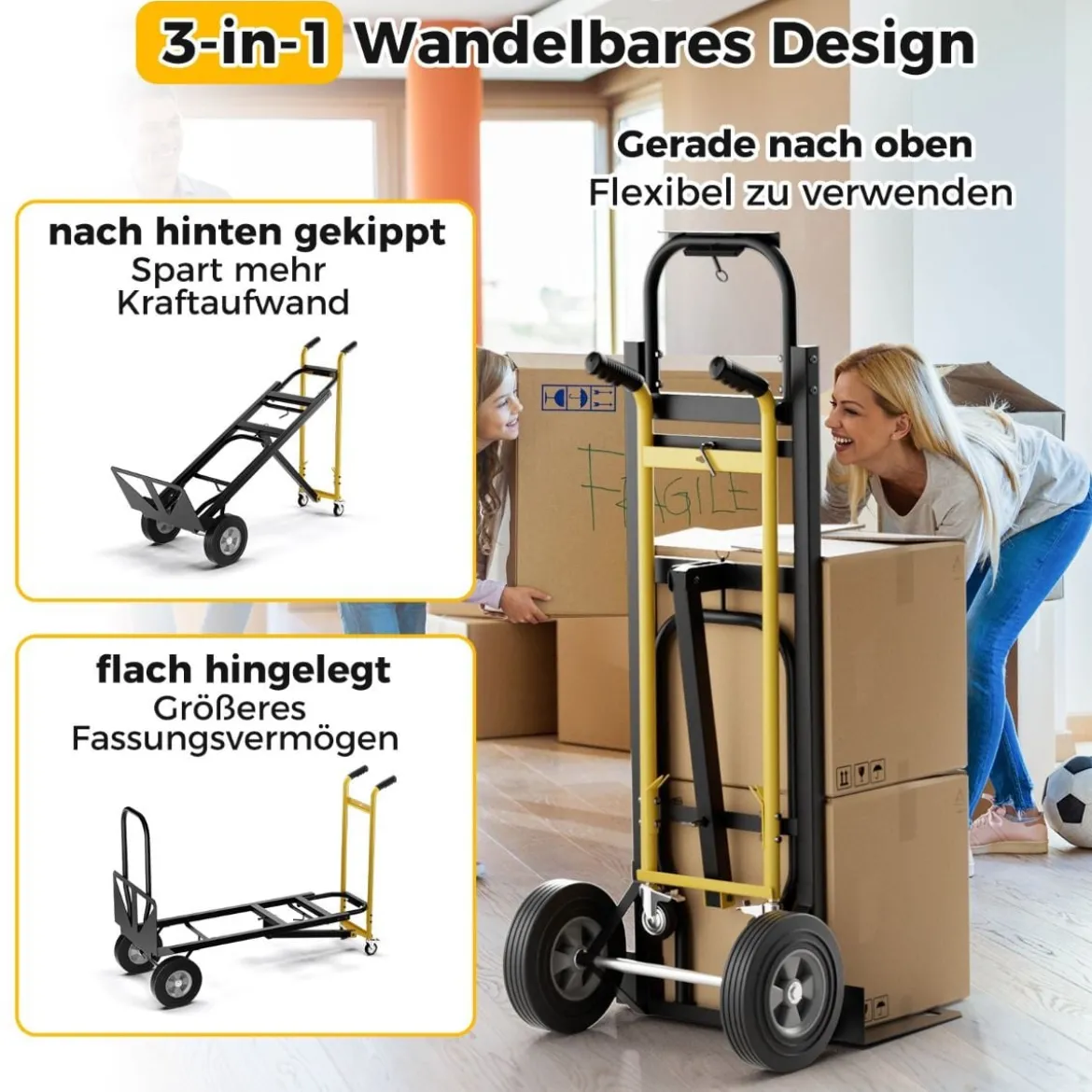 3 in 1 Sackkarre mit 4 Gummireifen & Bindeseil Handwagen Transportkarre bis zu 360KG / 450KG Belastbar
