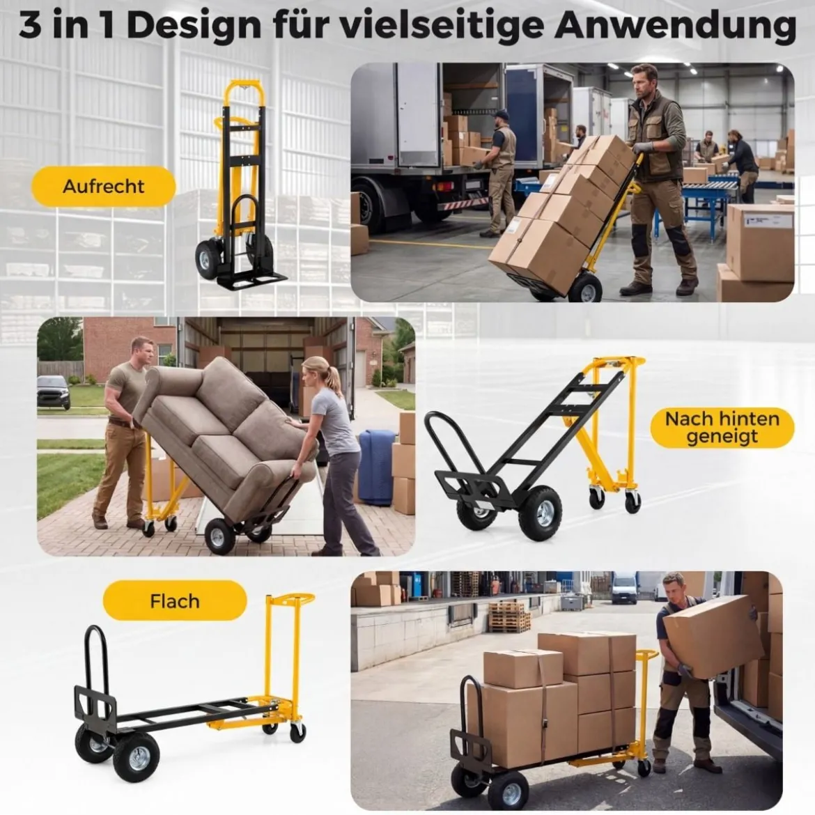 3 in 1 Sackkarre & Transportwagen Klappbarer Handwagen mit Luftbereifung & Gummirädern Gelb