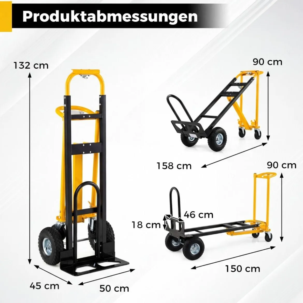 3 in 1 Sackkarre & Transportwagen Klappbarer Handwagen mit Luftbereifung & Gummirädern Gelb