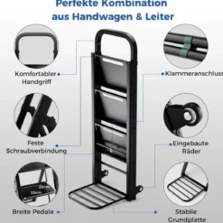 2 in 1 Sackkarre & Trittleiter Klappbare 2 Räder Handwagen Metall Transportkarre Schwarz