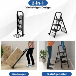 2 in 1 Sackkarre & Trittleiter Klappbare 2 Räder Handwagen Metall Transportkarre Schwarz