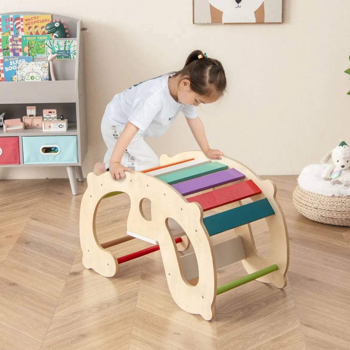 2 in 1 Schaukelpferdbogen für Kinder mit Wippe & Kletterbogen & Bequemer Rückenlehne & Sitz