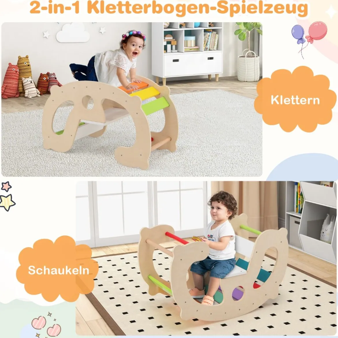 2 in 1 Schaukelpferdbogen für Kinder mit Wippe & Kletterbogen & Bequemer Rückenlehne & Sitz