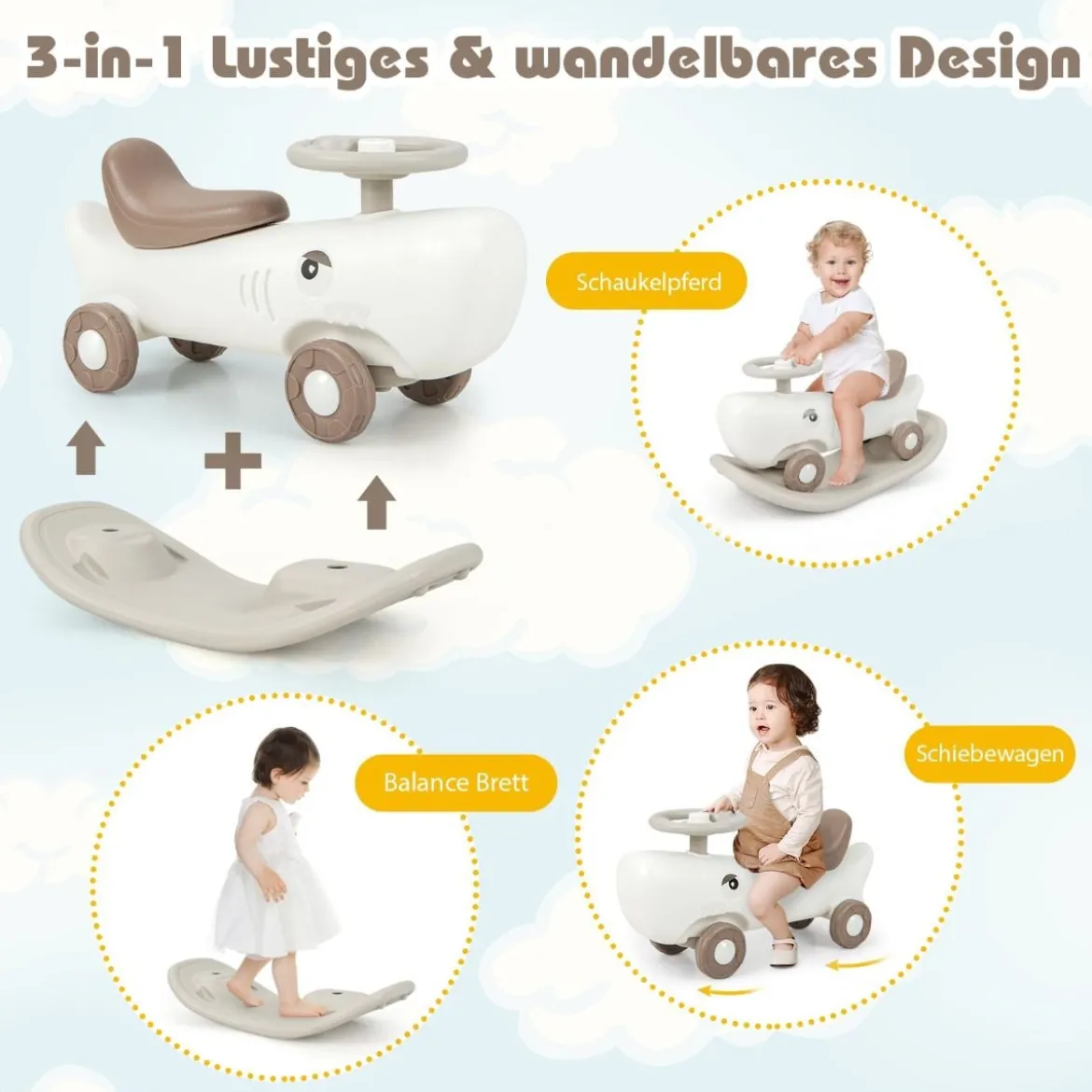 3 in 1 Schaukelpferd in Haiform mit Abnehmbarem Balance-Board & Rutschauto Weiß