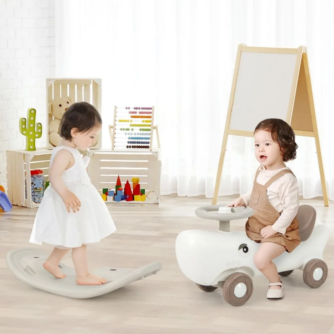 3 in 1 Schaukelpferd in Haiform mit Abnehmbarem Balance-Board & Rutschauto Weiß