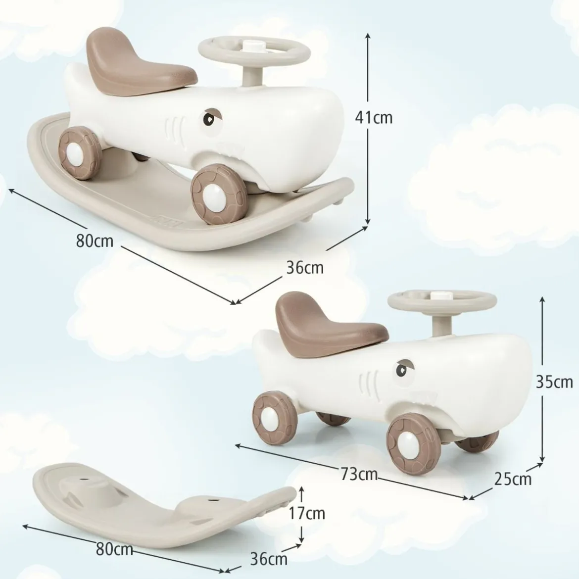 3 in 1 Schaukelpferd in Haiform mit Abnehmbarem Balance-Board & Rutschauto Weiß
