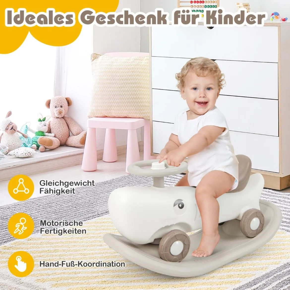 3 in 1 Schaukelpferd in Haiform mit Abnehmbarem Balance-Board & Rutschauto Weiß