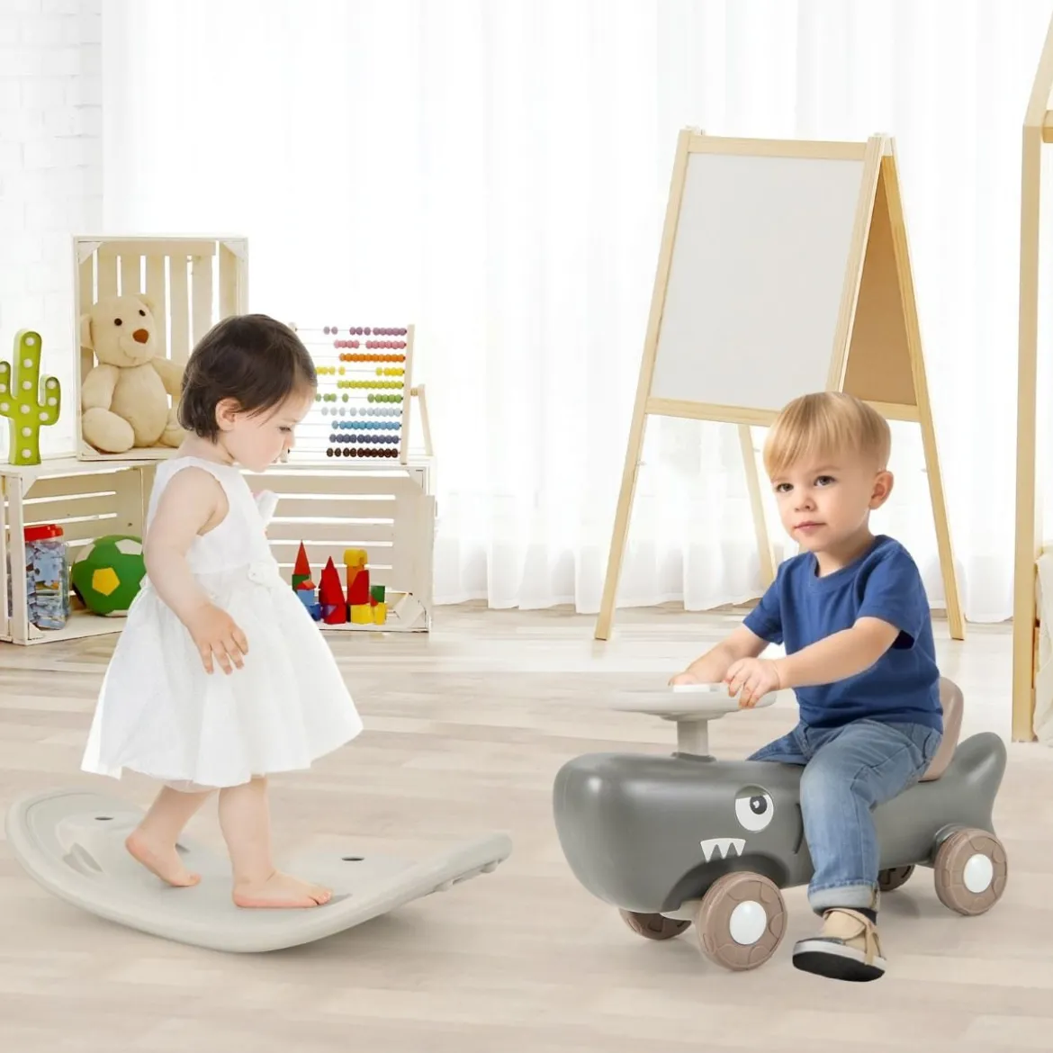3 in 1 Schaukelpferd in Haiform mit Abnehmbarem Balance-Board & Rutschauto Dunkelgrau