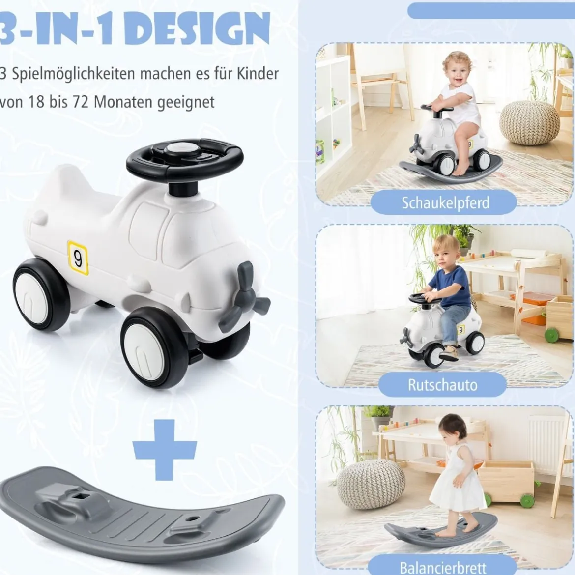 3 in 1 Schaukelpferd Schaukeltier & Rutschauto mit Abnehmbarem Balance Board Weiß Flugzeug