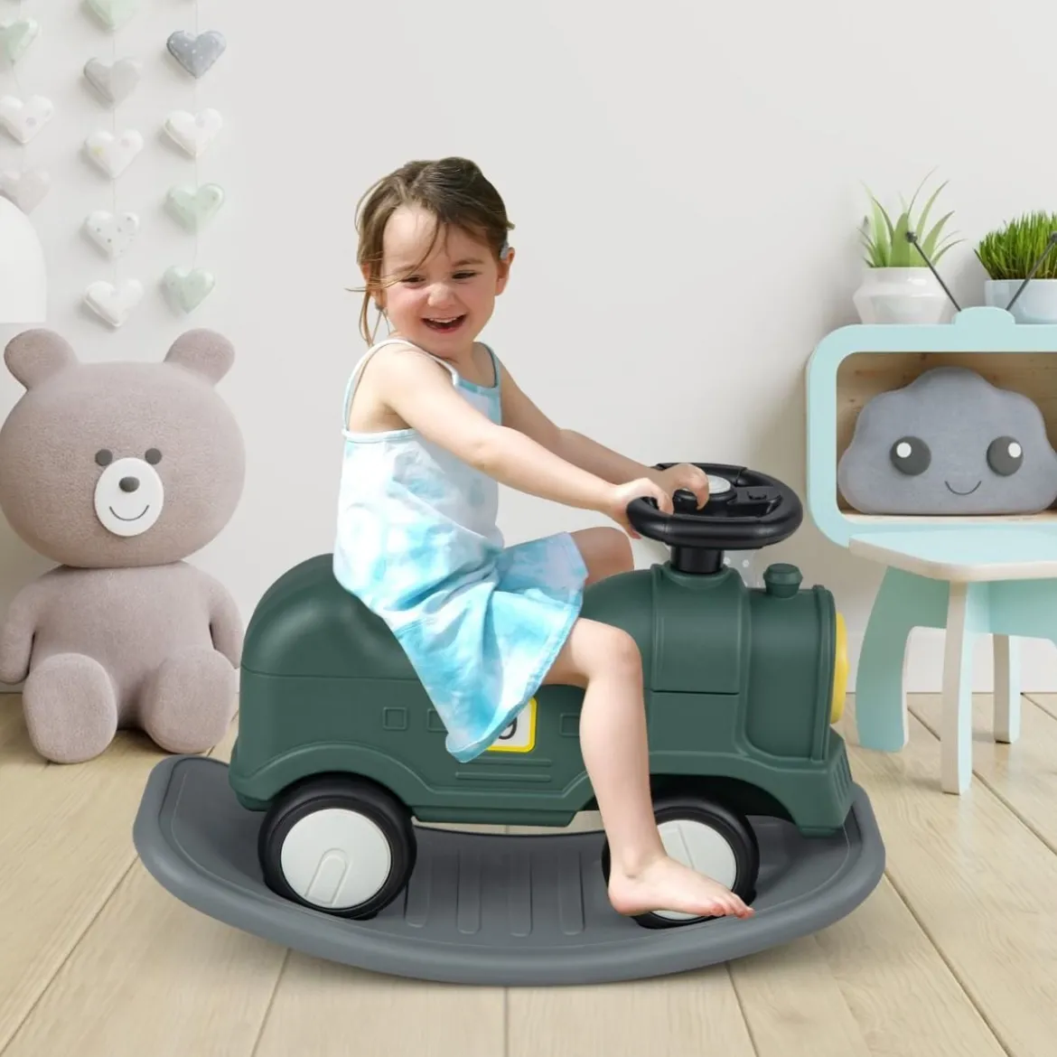 3 in 1 Schaukelpferd Schaukeltier & Rutschauto mit Abnehmbarem Balance Board Grün Zug